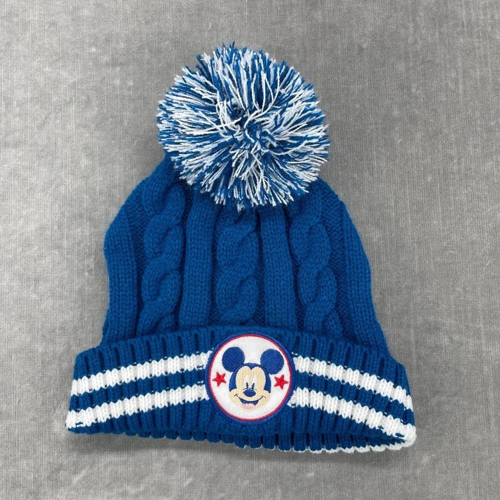 Disney Kids 2T-5T Blue Mickey Mouse Cable Knit Pom Pom Beanie Hat 322-E22-010895